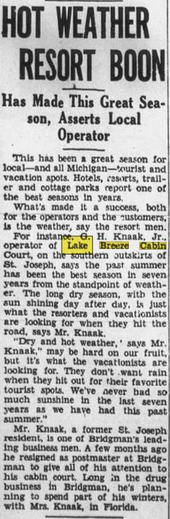 Lake Breeze Motel (Lake Breeze Cabins, Lake Breeze Cabin Court) - Sept 1946 Article